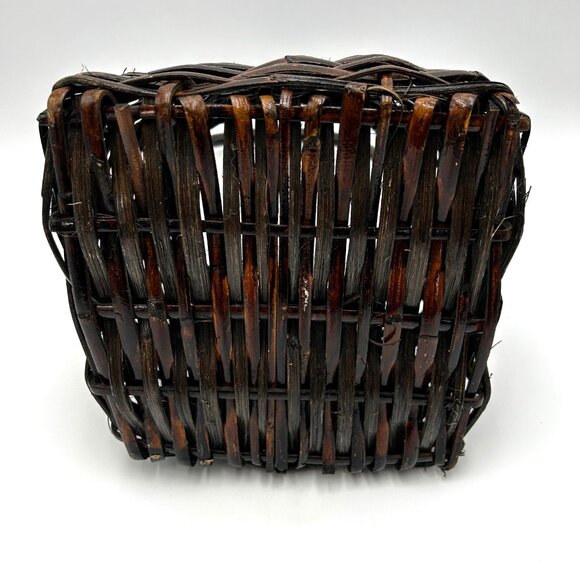 Moody VTG Woven Wicker Dark Brown Rattan Basket Sturdy Bamboo Handle Primitive - Picture 6 of 9